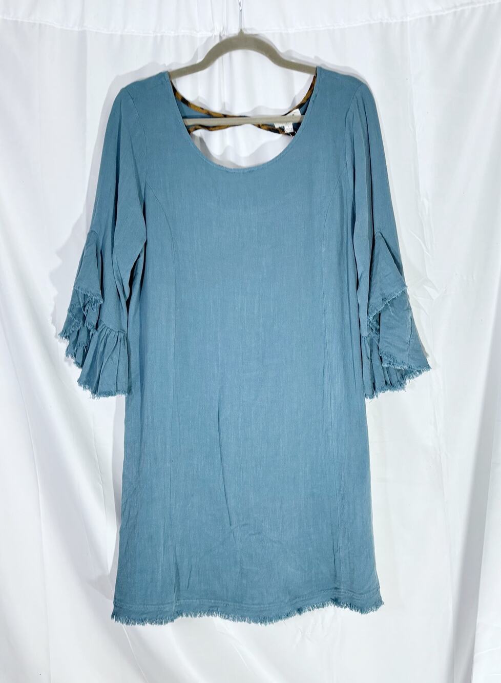 NWT Umgee Blue Sheath Dress Leopard Back Bell Sleeves Raw Hem Large
